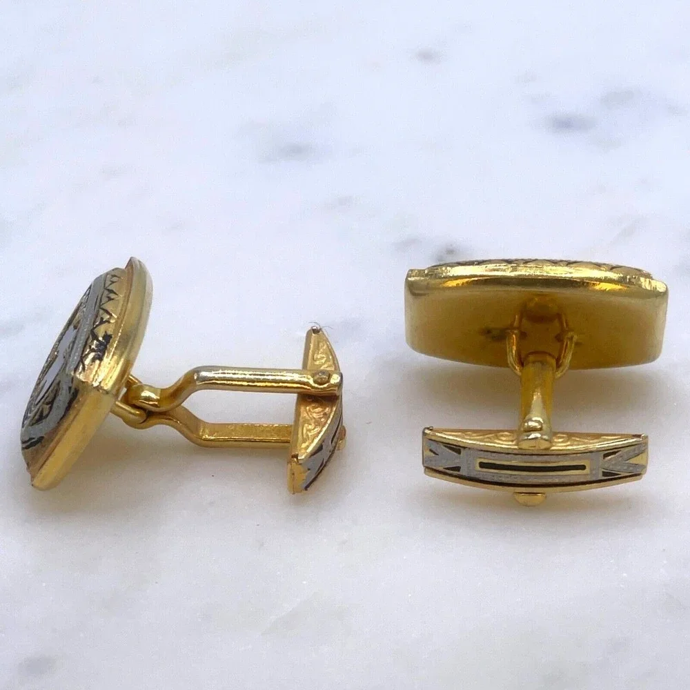 Vintage Damascene Etched Black Gold Tone Stamped Spain Whale Back Cufflinks